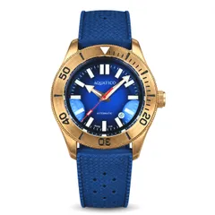 Aquatico Bronze Star Tritium with blue dial, on blue rubber strap