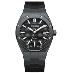 Cadisen C8193 with black grid-pattern dial in a black-tone case and bracelet