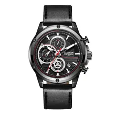 Cadisen C9063 with black dial and red accents in a black case on a black leather strap