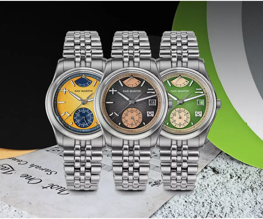San Martin SN0144-DG with light golden, gray and light green dials, power-reserve indicator and 24-hour subdial