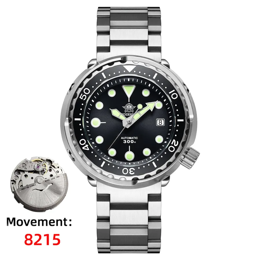 Addiesdive AD2522 (8215 version of the H5) tuna-style diver with black dial and black ceramic bezel, with a "Movement 8215" inset