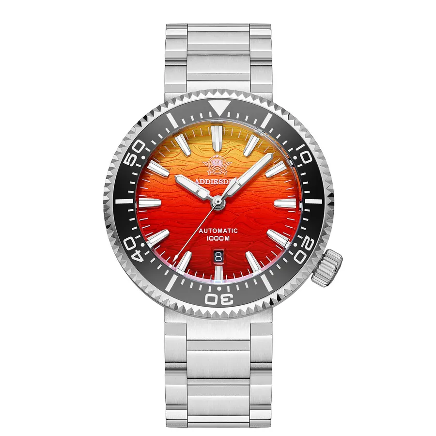 Addiesdive AD2526 with orange-red gradient contour-textured dial and black ceramic bezel in a round 46mm case on a steel bracelet