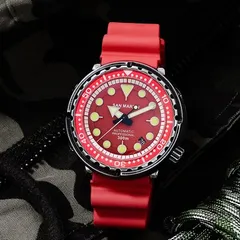 San Martin SN003G-CG with distressed black shroud, red dial and red bezel insert on red rubber strap