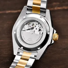 Pagani Design PD-1639 Gold display caseback engraved "PD-1639" showing a Miyota movement marked "21 jewels"