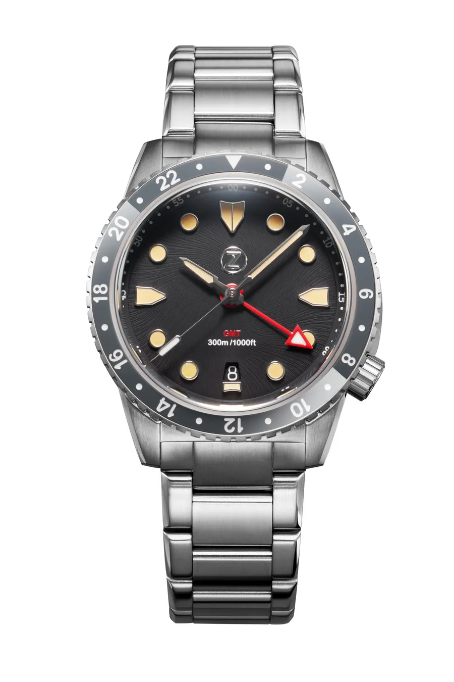 Zelos Mako 300m GMT, matte black dial, gunmetal grey 24-hour ceramic bezel, on steel bracelet