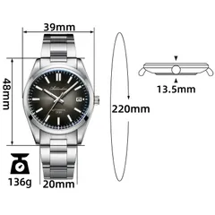 Addiesdive AD2071 dimension graphic (39mm, 48mm lug-to-lug, 13.5mm, 20mm, 136g)