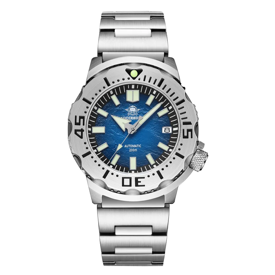 Addiesdive AD2047 with blue textured dial and steel dive bezel on the steel bracelet