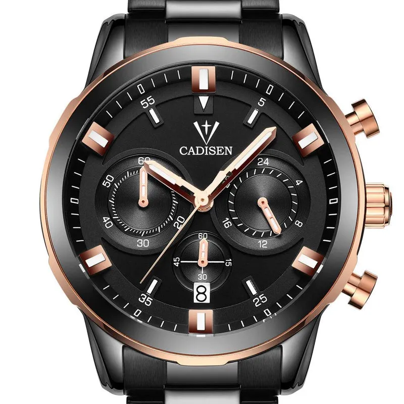 Cadisen C9011M quartz chronograph with black dial, three subdials and date at 6, in a black case with rose gold-tone bezel and pushers on a black steel bracelet