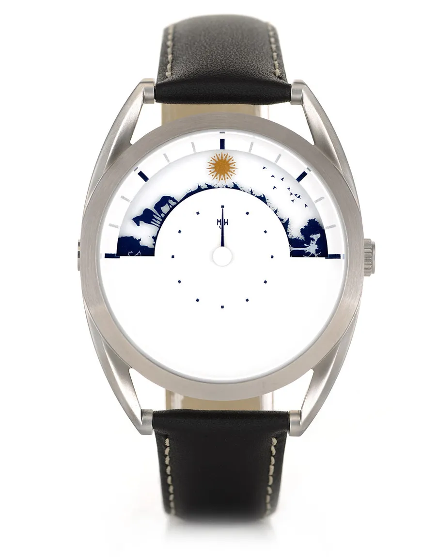 Mr Jones Sun and Moon, white dial with a crescent-shaped day and night window showing the sun, steel case on black leather, front view