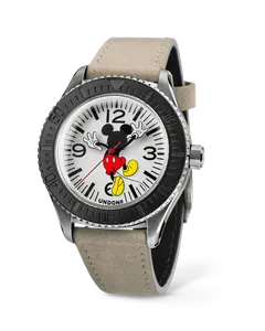 Undone Basecamp Disney Mickey Guess Who's Back with white dial, Mickey seen from behind and black bezel on a tan suede strap