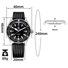 Addiesdive AD2056 dimension graphic on the waffle strap (40mm, 46mm lug-to-lug, 14mm, 20mm, 89g)