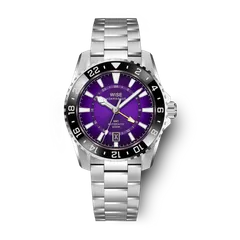 Wise Adamascus ADX171 True GMT in 904L steel, sunburst gradient purple dial, black bezel and yellow GMT hand, on 904L bracelet