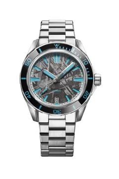 Zelos Swordfish 40mm SS Meteorite (2023), meteorite dial with light blue lumed hands and indices, black sapphire bezel, on bracelet