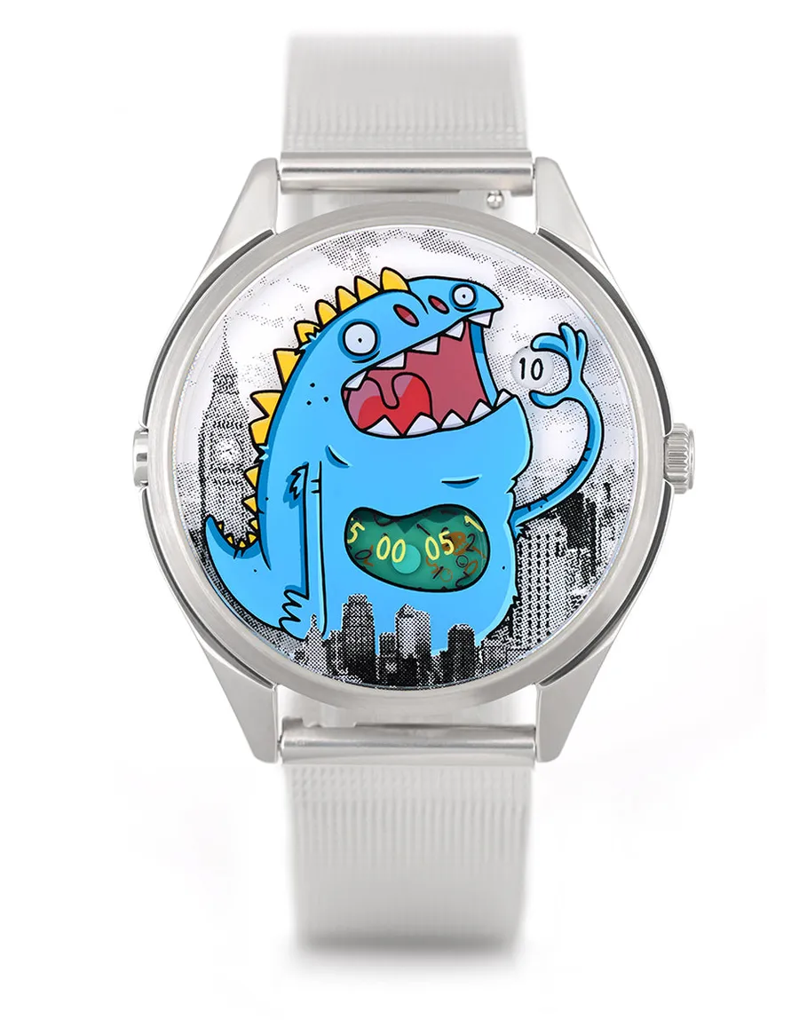 Mr Jones Number Cruncher, blue monster holding the jumping hour with the minutes in its stomach over a city skyline, steel case on steel mesh, front view