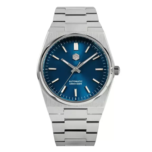 San Martin SN023-G 40mm with sunray blue dial and applied baton indices on integrated steel bracelet