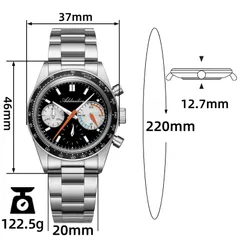 Addiesdive AD2539 dimension graphic (37mm, 46mm lug-to-lug, 12.7mm, 20mm, 220mm, 122.5g)