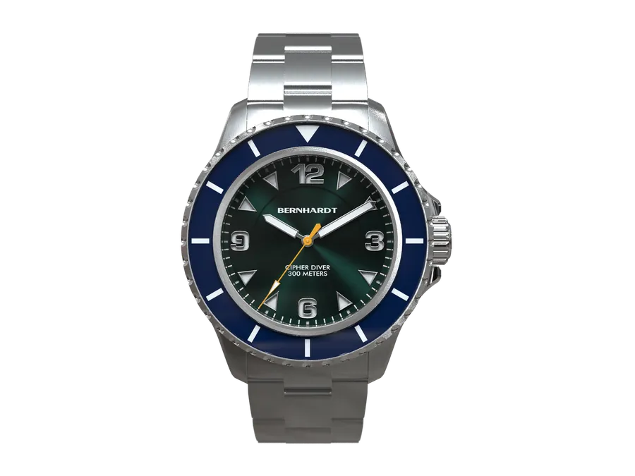 Bernhardt Cipher Diver BG, blue bezel and green dial with yellow seconds hand, on steel bracelet