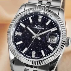 Addies AW25912 dial close-up with date magnifier, crystal-set markers and "Swiss Mov't" print