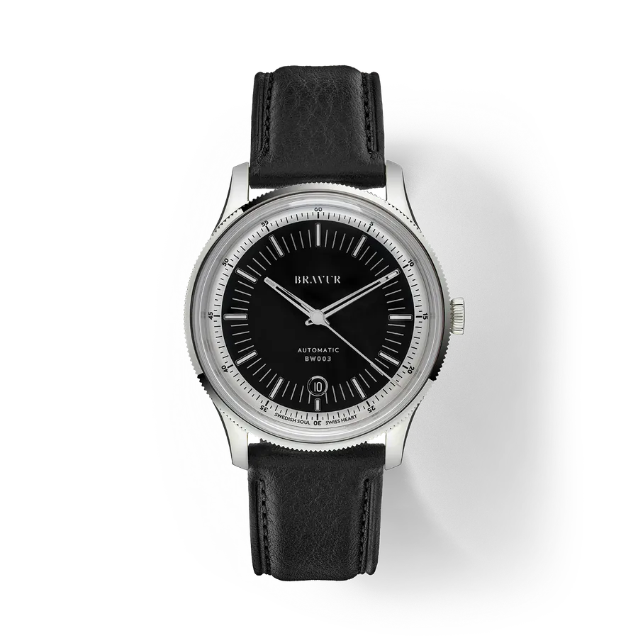 Bravur BW003 with black and silver-white two-tone dial and coin-edge bezel on a black leather strap