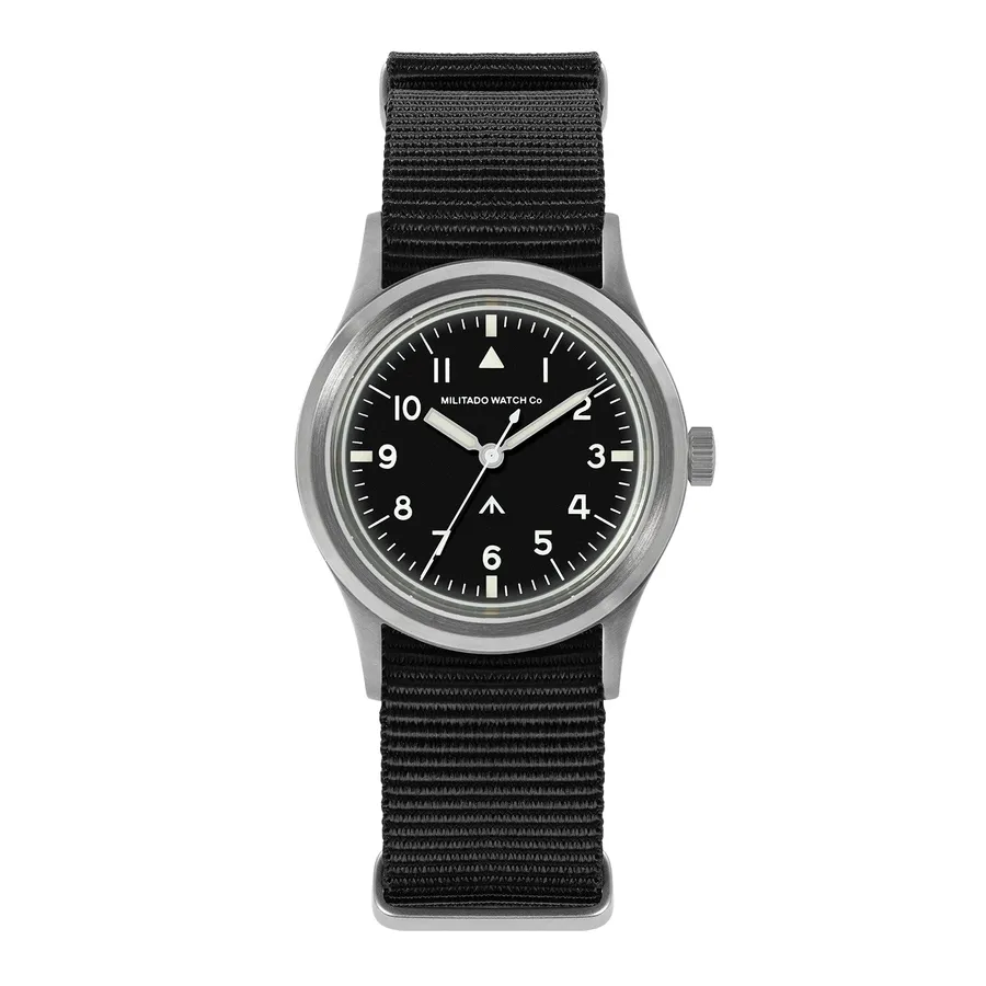 Militado ML13 with black dial, white hands and BGW9 lume on black nylon strap