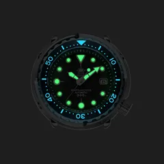 Addiesdive H5 lume shot, dial markers and hands glowing green and bezel scale glowing blue (dial printed "Deepseahunter")
