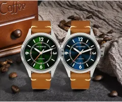San Martin SN0108-G2 with green and blue dials on tan leather straps