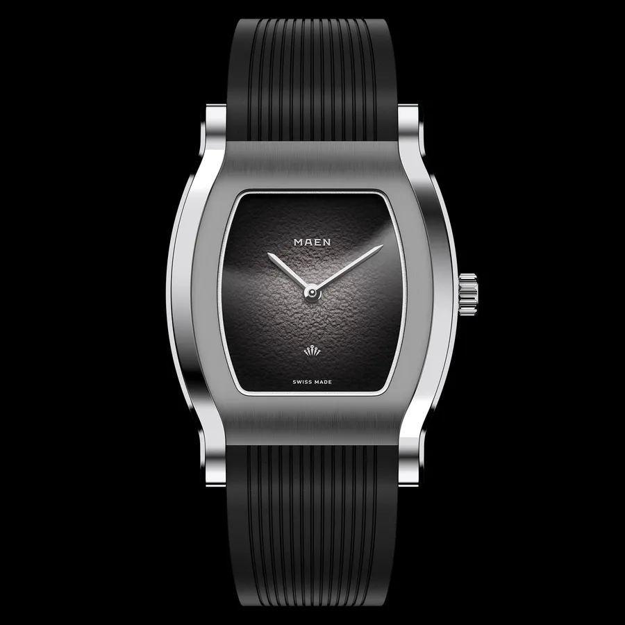 MAEN x Nico Leonard Grand Tonneau Ultra Thin MNL.04 with black fumé dial on black rubber strap
