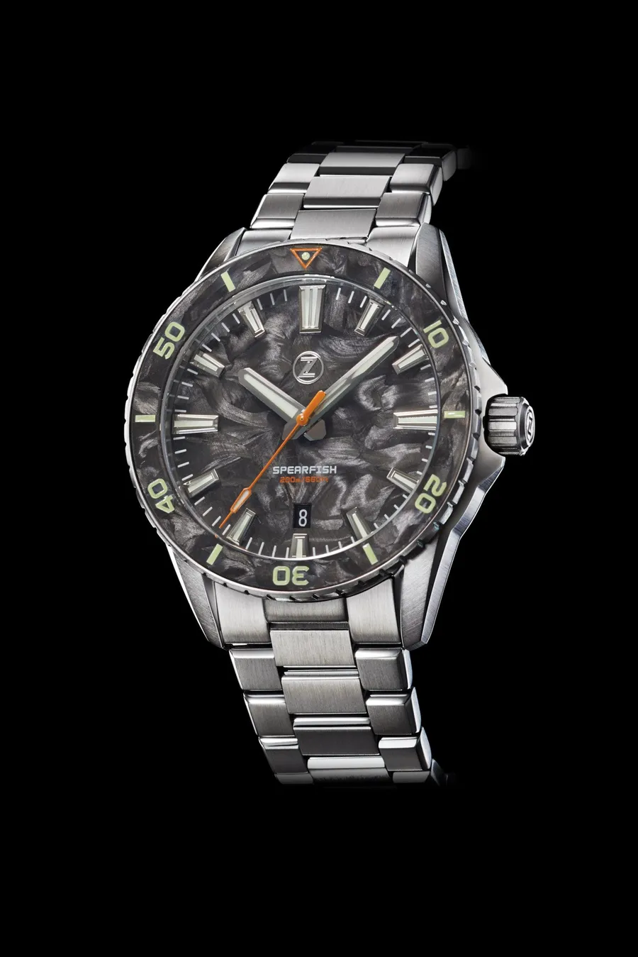 Zelos Spearfish 40mm Diver Forged Carbon, forged carbon dial and forged carbon dive bezel, on steel bracelet
