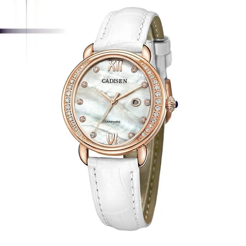 Cadisen C6102 with white pearlescent dial and stone-set bezel in a rose gold-tone case on a white leather strap