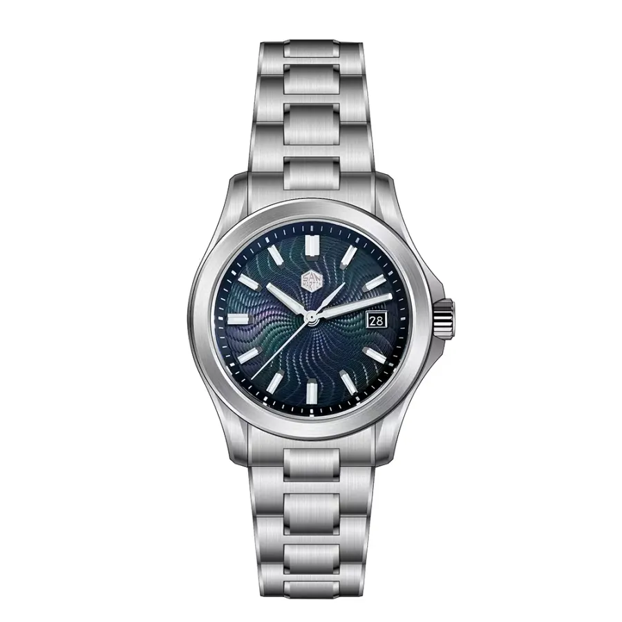 San Martin SN0150-G1 39mm with black guilloché mother-of-pearl dial and date at 3 on H-link bracelet