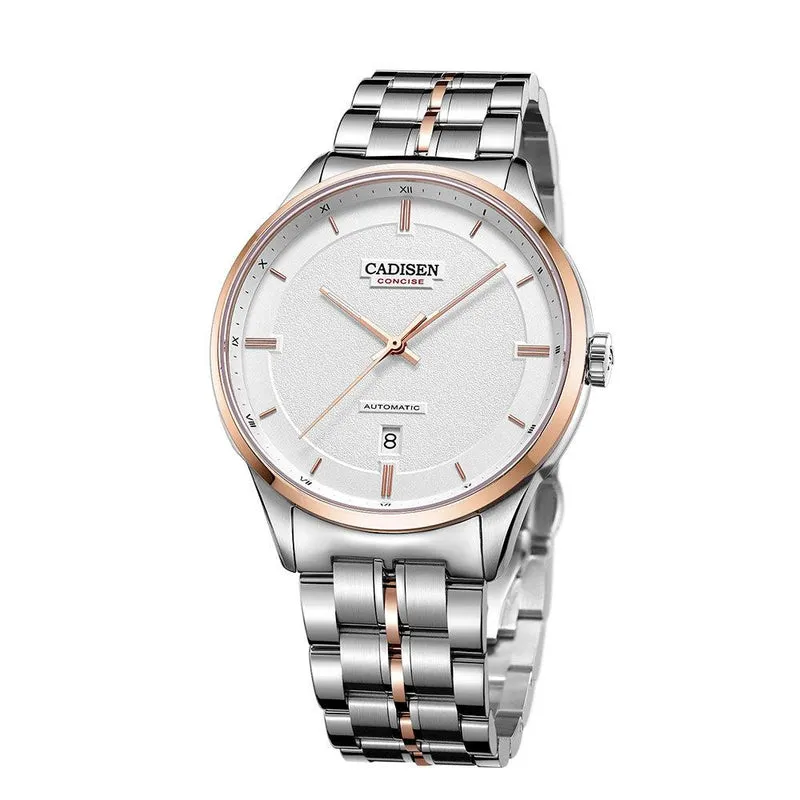 Cadisen C8156M automatic with textured white dial, date at 6 and rose gold-tone bezel in two-tone steel and rose gold-tone