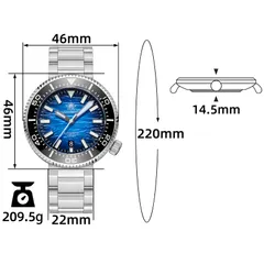 Addiesdive AD2069/AD2545 dimension graphic (46mm, 46mm lug-to-lug, 14.5mm, 22mm, 220mm, 209.5g)