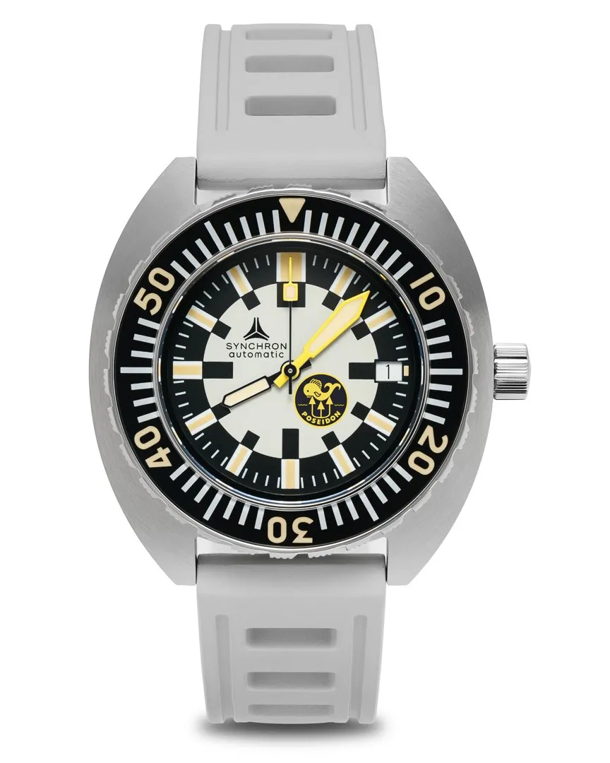 Synchron Poseidon Ice Diver, cream and black dial with Poseidon emblem, on light grey ISOfrane strap