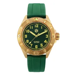 San Martin SN040-Q bronze diver with green full-numeral dial on green rubber strap