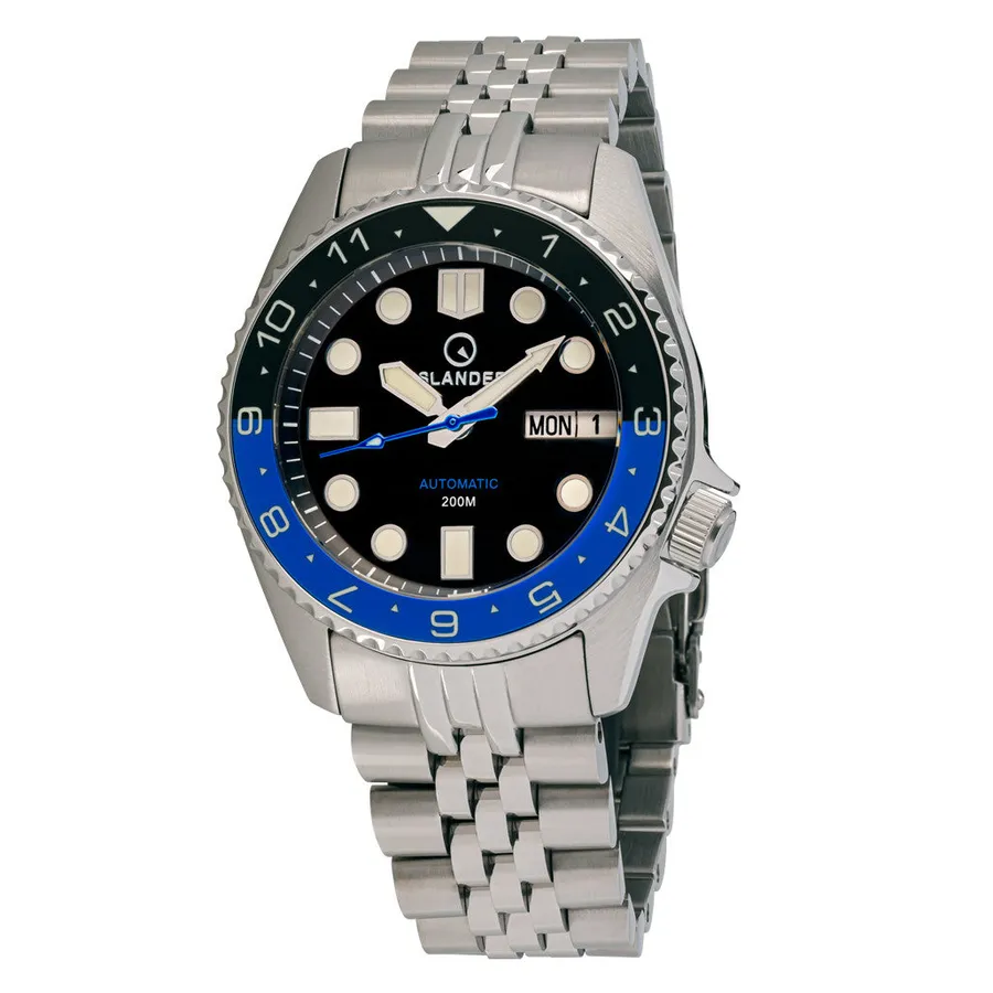 Islander 38mm Automatic Dual Time ISL-150 with black dial, blue and black 12-hour bezel and day-date at 3 on jubilee-style bracelet
