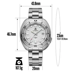 Addiesdive AD2117 dimension graphic (43.8mm, 46.7mm lug-to-lug, 20mm, 23cm bracelet, 167.5g)