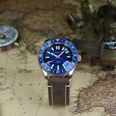 Aquatico Bronze Raider Tritium GMT with blue dial and blue 24-hour bezel
