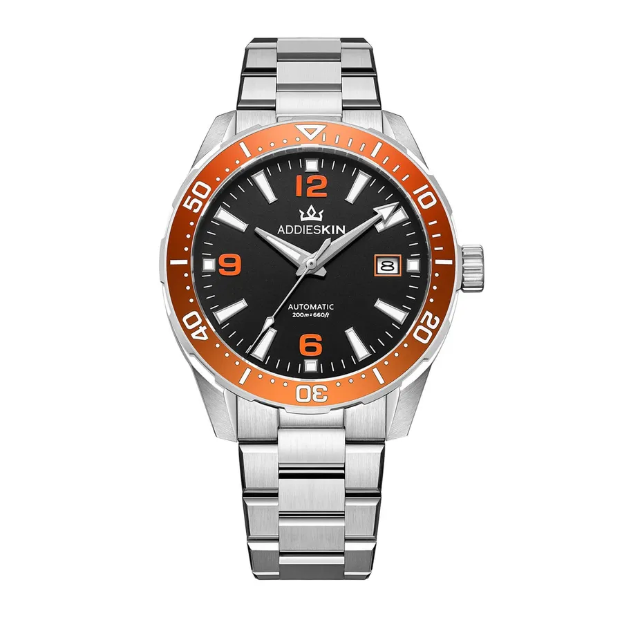 AddiesKIN K009 with black dial, orange numerals and orange ceramic bezel on a tapering steel bracelet