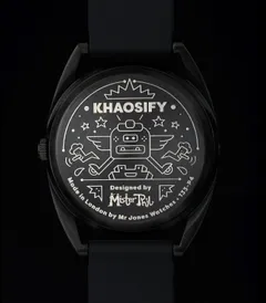Mr Jones Khaosify caseback engraved with a Khaosify character, the artist's name and 133-P4