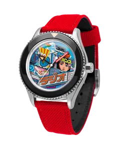 Undone Basecamp Daruma My Number One with comic-style artwork dial and black bezel on a red strap