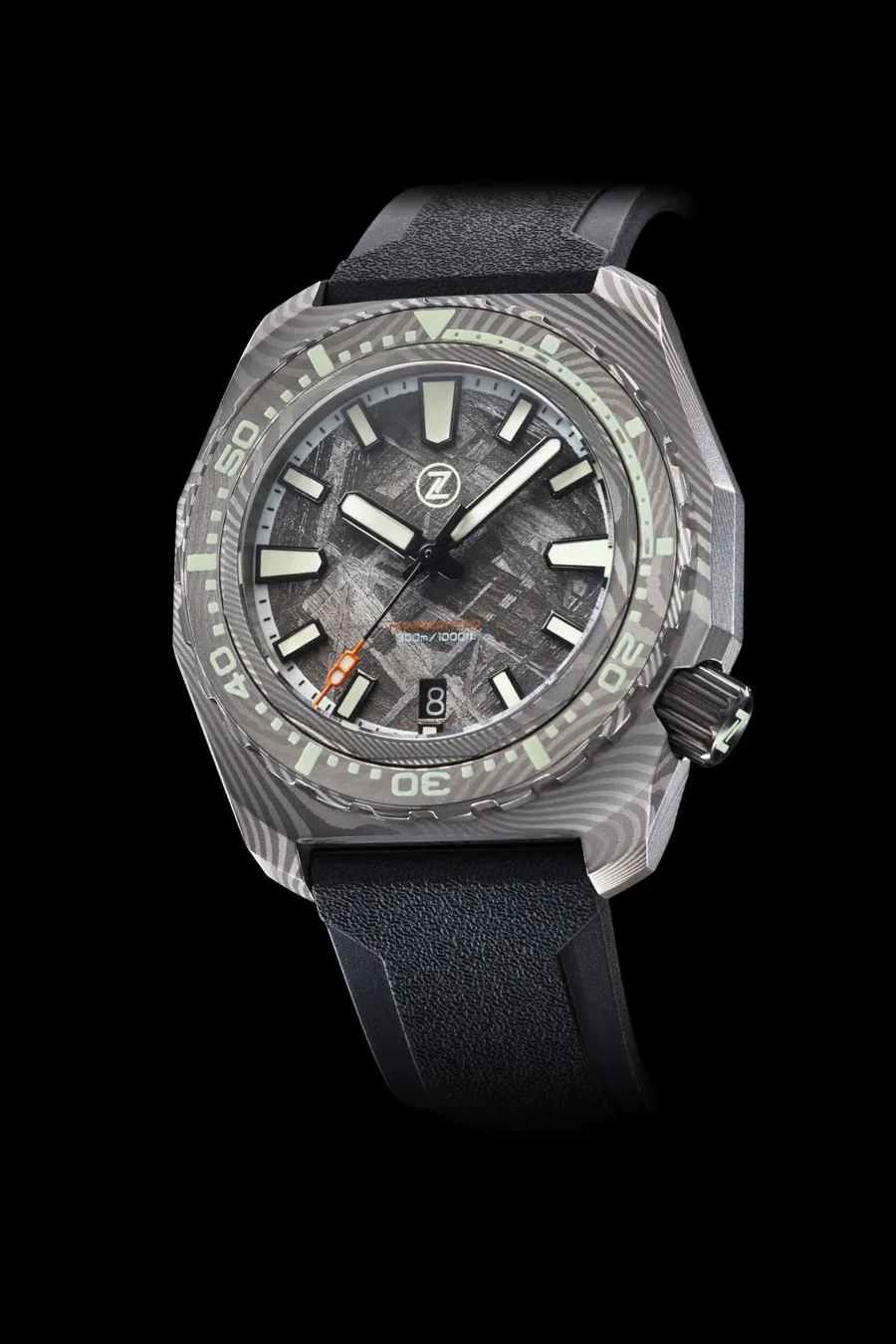 Zelos Hammerhead V3 300m in Damascus steel, meteorite dial, on black rubber strap