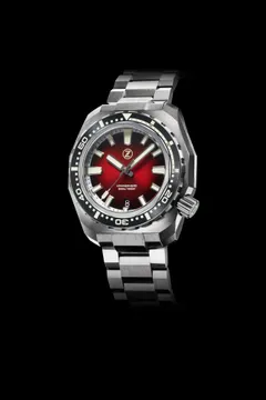 Zelos Hammerhead V3 300m in steel, red fumé dial, black ceramic bezel