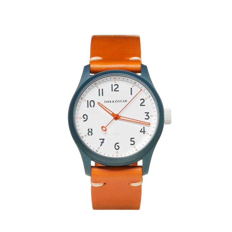 Oak & Oscar Batch Nº2, white dial with orange hands and lume plots in a matte navy ceramic-coated case, on orange leather strap