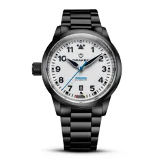 Draken Peregrine B in black DLC with a white dial on the DLC bracelet