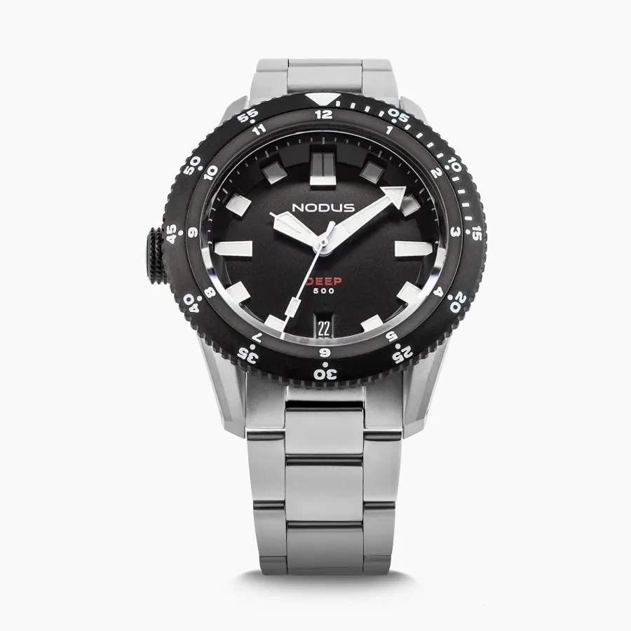 Nodus Deep Black Destro, black dial, black DLC dual-timing bezel, crown at 9, on three-link bracelet