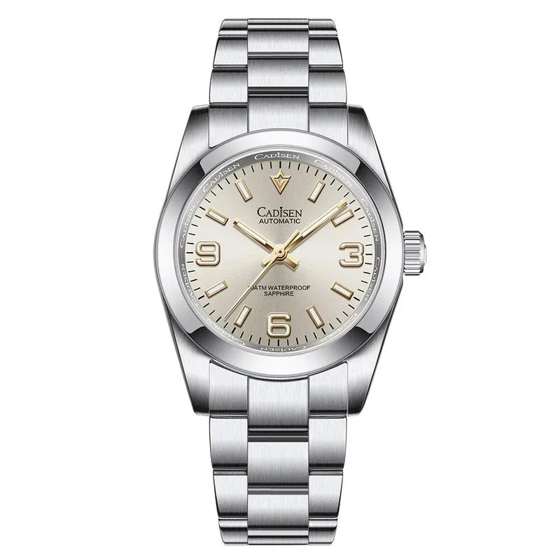 Cadisen C8213 Oyster Perpetual-style no-date automatic with champagne dial, 3-6-9 numerals and gold-tone hands on an oyster-style bracelet