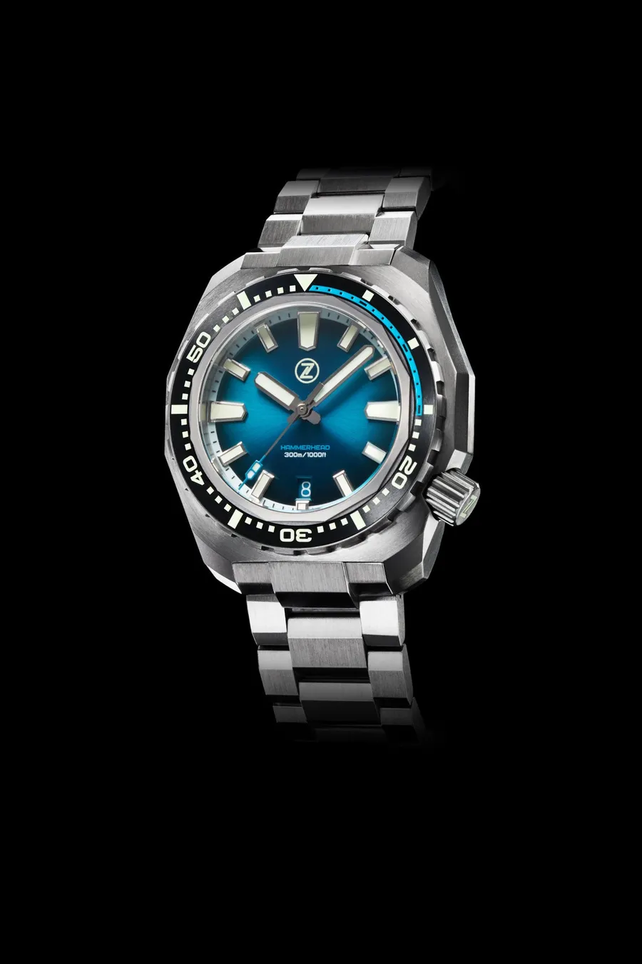 Zelos Hammerhead V3 300m in steel, teal fumé dial, ceramic bezel, on steel bracelet