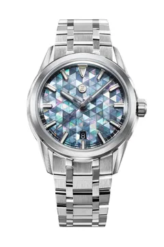 Zelos Helica 39 Mosaic MOP, dark mother-of-pearl mosaic dial, on faceted steel bracelet