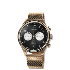 Tusenö First 38 Panda, rose gold case, black reverse-panda dial, on mesh bracelet