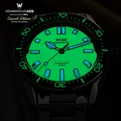 Wise Adamascus AD802 Full Lume dial glowing green, with blue-glowing hands and markers